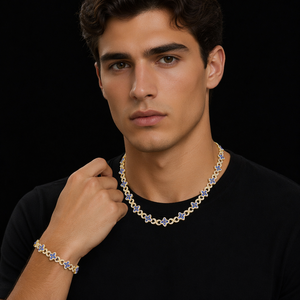 Ensemble Collier et Bracelet Chaîne Cubaine Fleur Sertie de Strass Dorés Style Hip Hop pour Femmes et Hommes, Vente en Gros, Bijoux Tendance, Coffret Cadeau - Product Image 1