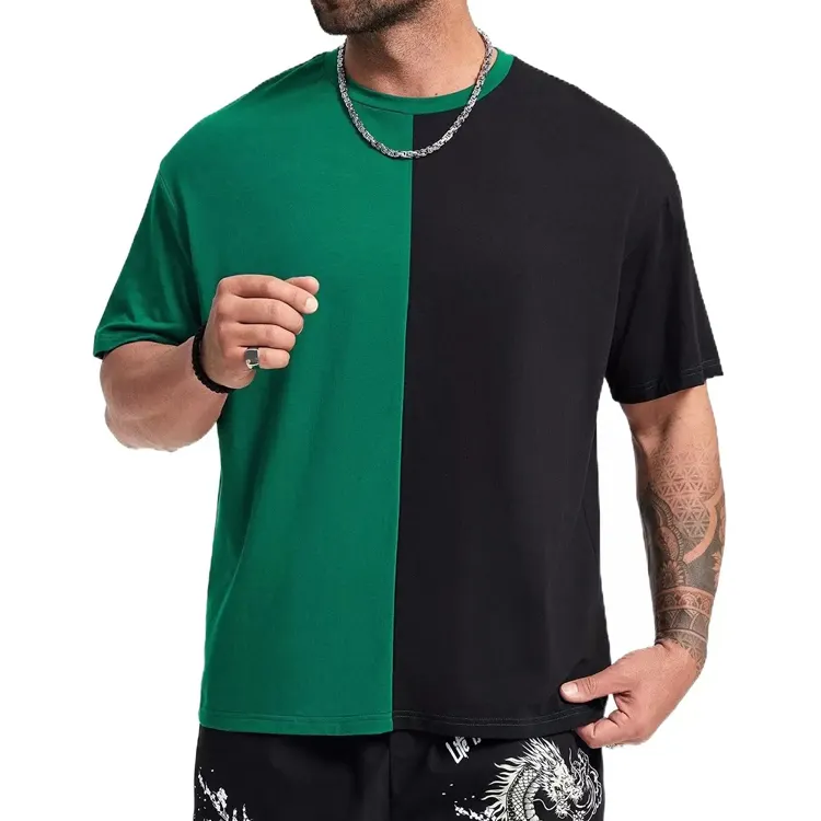 T-shirt bicolore à col rond en coton et spandex pour homme, avec blocs de couleurs, coupe et couture