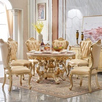 Table à manger ronde en bois et marbre noir de style royal antique français européen, durable et confortable, avec six chaises en cuir violet