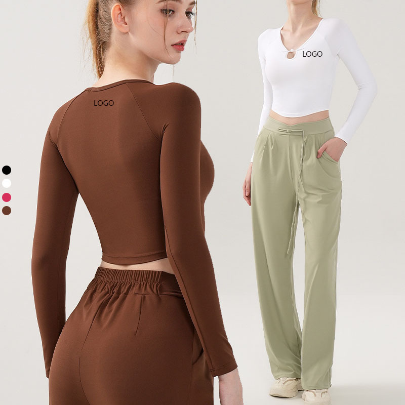 XW-MZ-192 Ready-made Custom logo Collar Design Buttoned Slim Fit Comfortable Women's Yoga Fitness Long Sleeve Tops
