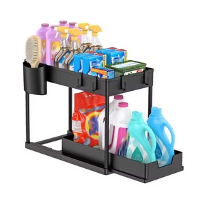 Organizer Penyimpanan Plastik 2 Tingkat Geser Bawah Wastafel untuk Lemari Dapur Kamar Mandi Aksesoris Rumah - Product Image 1