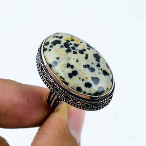 Bague bohème artisanale en jaspe dalmatien naturel, argent sterling 925, design unisexe - Product Image 2