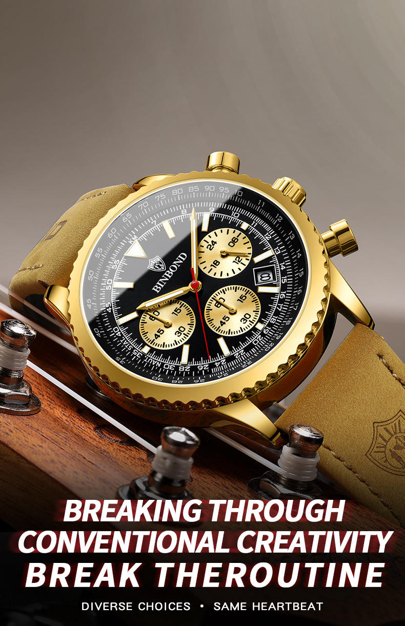 Binbond B6606 - Luxury Quartz Watch with Genuine Leather Strap