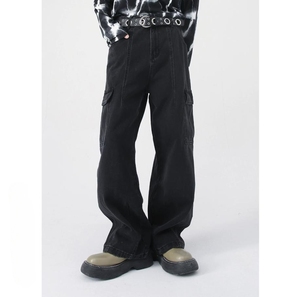 Pantalones vaqueros multibolsillos personalizables y en stock, pantalones cargo anchos de estilo urbano, vaqueros holgados de pierna recta para hombre y mujer - Product Image 3