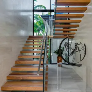 Escalera interior de madera maciza de 4 pulgadas de espesor CBMmart Building con barandilla de vidrio y pasamanos