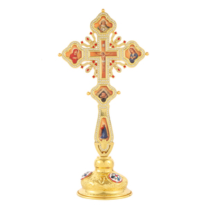HT 40cm Orthodoxes Standkreuz, vergoldetes Kruzifix mit Strass und Ikone, Kirchenaltar-Dekoration, christliches religiöses Geschenk - Product Image 2