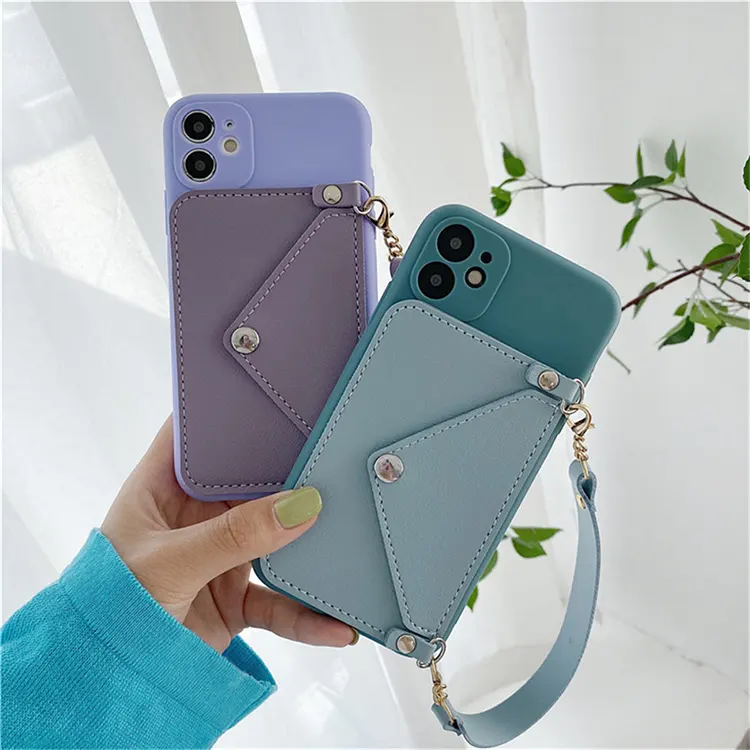 Short long layard rope leather phone case for iPhone 11 pro envelope wallet mobile case smart girl phone cover for iPhone case