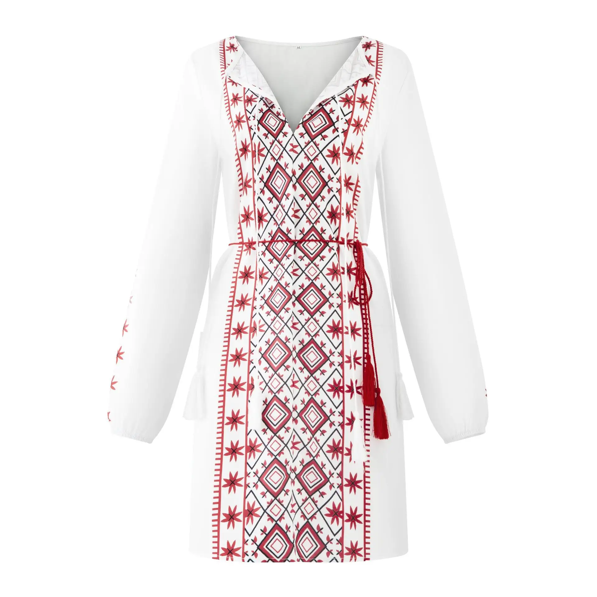 Vestido de lino de manga larga bordado para mujer, elegante, étnico, bohemio, blanco