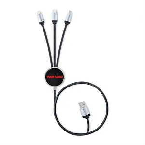 Aangepaste Promotionele Zakelijke Producten Met Logo Relatiegeschenken Nylon 3 In 1 Led Logo Snel Opladen Kabel Type C Usb Kabels