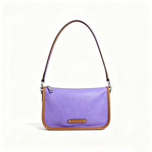 Bolso de hombro de cuero granulado morado claro, cierre de cremallera con ribete marrón, dos correas, bolso informal para uso diario - Product Image 1