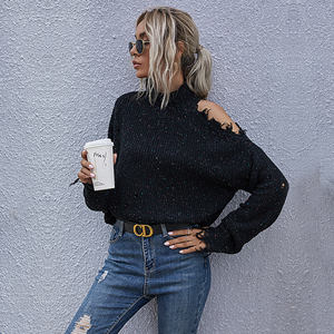 2024 nouveau Design ample hors de l'épaule déchiré manches longues col haut automne pull en tricot femme - Product Image 2