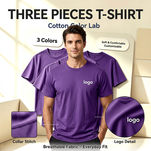 Lot de trois t-shirts en coton pour homme, couleur unie, col rond, manches courtes, respirant, décontracté, personnalisable avec logo imprimé sur le devant - Product Image 1
