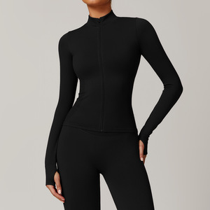 Col montant sans couture élastique coupe ajustée fermeture éclair complète haut de yoga à manches longues pour femme vêtements de sport veste à glissière d'entraînement - Product Image 5
