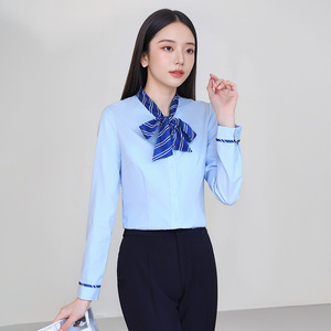 Flight Attendant Uniform White Long Sleeve Shirt With Blue Bow Collar Slim Fit Women Airline Hotel Restaurant Uniform - Product Image 4