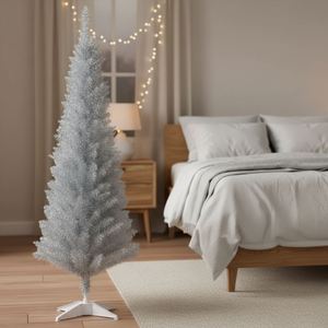 Silver <b>Pencil</b> Artificial <b>Christmas</b> <b>Tree</b> 5ft Plastic Base Plug-In White LED Realistic Indoor Decor - Product Image 3