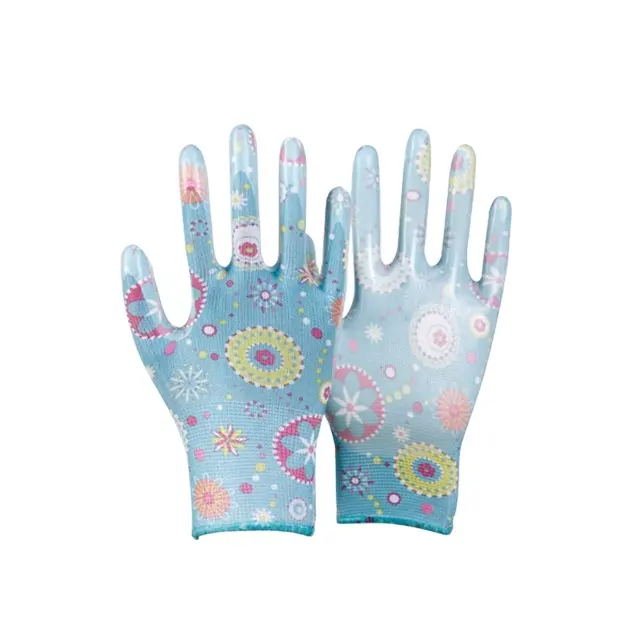 13G polyester fil de nylon enduit PU sur la paume impression fleur jardin gants de travail de sécurité