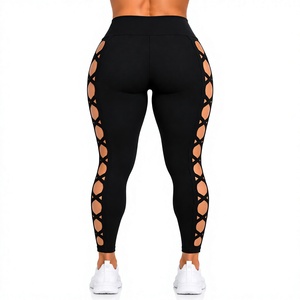 <b>Women</b>’s Black High Waist Stretch <b>Leggings</b> with Side Cutout Crisscross Detail – Full Length Fashion Activewear Pants - Product Image 1