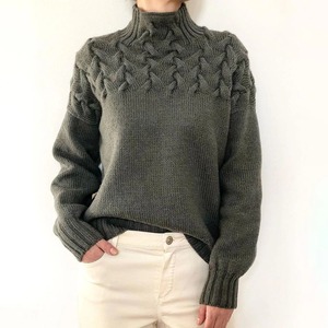 Suéter de <span class=keywords><strong>cuello</strong></span> <span class=keywords><strong>alto</strong></span> de punto trenzado para <span class=keywords><strong>mujer</strong></span>, estilo vintage, texturizado, de manga larga, holgado, con puños acanalados para uso diario - Product Image 5
