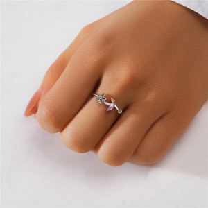Anillo Abierto de Plata 925 con Baño de Rodio, Diseño de Flor y Hoja con Circonita Rosa, Joyería para Mujeres y Niñas, Marca CANNER, Gran Venta - Product Image 5