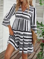 Robe mini décontractée pour femme, col en V, demi-fermeture, imprimé tribal géométrique, manches évasées 3/4, à volants, style babydoll