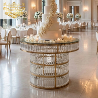 Table à gâteau ronde en verre trempé avec cadre en acier inoxydable, côtés en cristal, mobilier moderne pour mariage, banquet, fête, salle à manger