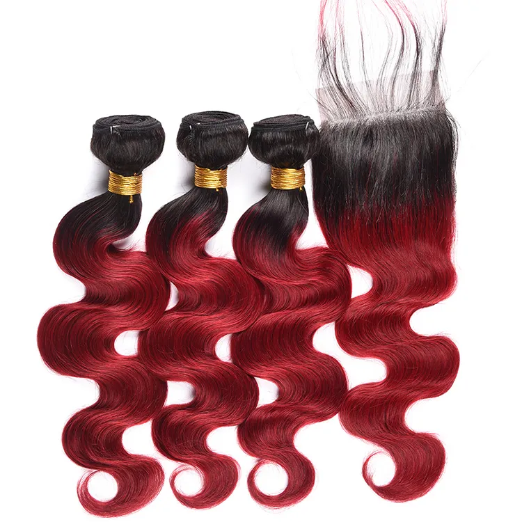 Vendor Hair Body Wave 1B Ombre Red Hair 100% Brazilian Human HD Bundles With Closure Cuticle Aligned Hair Extension