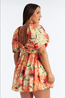 Gaun Mini Wanita Lengan Pendek Motif Bunga Elegan V-Neck Chiffon Ruffle Pinggang Alami Pesta Malam Santai Liburan Flowy