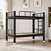 Lit superposé en métal noir avec plancher en bois et armoire de rangement, structure en acier robuste pour projet de mobilier de dortoir scolaire.