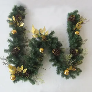 2021 high quality pine needle and PVC Mixed Artificial Christmas garland with golden ball Decorations and Lights
