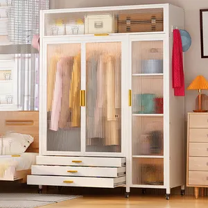 家用卧室家具长虹玻璃门2m金属衣柜大容量3抽屉衣橱衣服玩具收纳柜