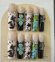 Uñas postizas acrílicas hechas a mano, largas, con forma de ataúd, con dijes de perlas 3D rosas, para chica dulce, estilo salón.