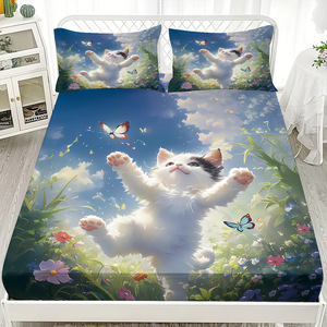 Set di <span class=keywords><strong>lenzuola</strong></span> 3 pezzi personalizzato simpatico cartone animato gatto stampa digitale 200TC 90gsm poliestere casa biancheria da <span class=keywords><strong>letto</strong></span> federa copriletto produttore - Product Image 1