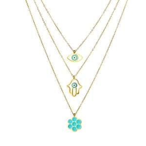 Accesorios de Moda para Mujer, Collar de Ojo Azul de 3 Capas, Gargantilla de Acero Inoxidable Dorada, Collar con Colgante de Mano Hamsa - Product Image 1