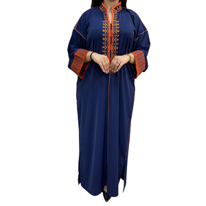 Vestido Kaftán Azul Marino de Lujo Bordado a Mano con Detalles Naranja y Hilo Metálico para Vestimenta Islámica Formal, Ligero para Verano y Otoño - Product Image 1