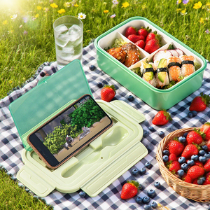 Fiambrera Bento portátil de 3 compartimentos, vajilla de plástico <span class=keywords><strong>Rectangular</strong></span> reutilizable para la escuela, contenedor de alimentos conservados para microondas - Product Image 6
