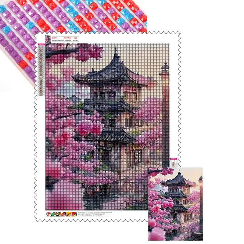 Kit de pintura diamante DIY para paredes, tela personalizada para templo Sakura, cenário japonês, artesanal, para arte em paredes