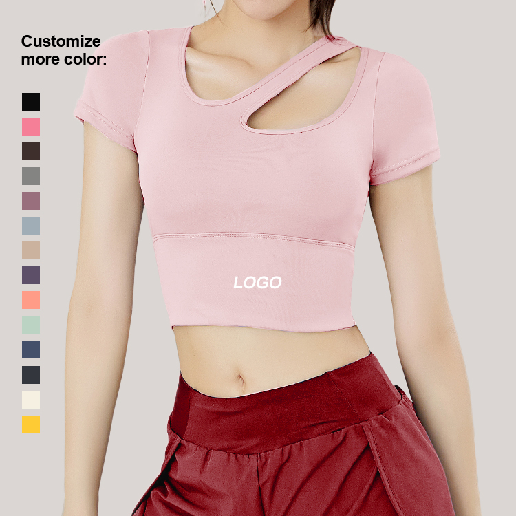 Custom Logo Lightweight Breathable Quick Dry Sloping Shoulder Yoga Top bar Sports Fitness T-shirt Short Sleeve for Running Yoga