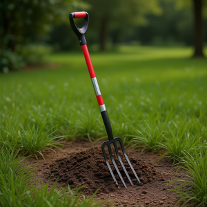 Horquilla de jardín de acero con 4 puntas, mango rojo con textura antideslizante para aflojar la tierra y cuidado del césped - Product Image 2