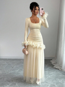 <span class=keywords><strong>Abito</strong></span> Floreale Primaverile e Autunnale, Gonna <span class=keywords><strong>a</strong></span> Veste, Vita Alta, Linea <span class=keywords><strong>A</strong></span>, Slim, Stile Coreano, <span class=keywords><strong>Elegante</strong></span> con <span class=keywords><strong>Balze</strong></span>, <span class=keywords><strong>Abito</strong></span> in Rete con Cuciture - Product Image 3