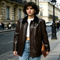 Veste en cuir décontractée pour femme, coupe ample, imperméable, avec col en laine, doublure à carreaux, style chemise, pour le quotidien – Collection Factory Outlet