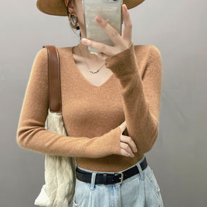 เสื้อสเวตเตอร์ถักคอวีของผู้หญิงเสื้อสเวตเตอร์ผ้าแคชเมียร์คอวีด้า<span class=keywords><strong>น</strong></span>หน้ายาวเข้าได้กับทุกชุด - Product Image 1