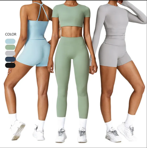 Ensemble de yoga 5 pièces pour femme : débardeur de sport à manches longues, short de gym, leggings taille haute respirants en Spandex et Nylon pour le fitness - Product Image 1