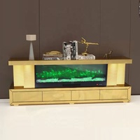 Guanlong Glam Delux Or MDF Meuble TV à miroir en bois Meuble TV avec décor de cheminée Flammes multicolores et haut-parleur à dents bleues