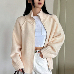 Women's Olive Green Stand Collar Zipper Knitted <b>Cardigan</b> Loose Fit Sweater Top Autumn Winter 2025 Korean Style Solid Color - Product Image 2