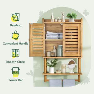 Armoire à pharmacie murale en bambou 2 portes pour salle de bain Étagères réglables Porte-serviettes Toilette Maison Organisateur Cuisine - Product Image 5