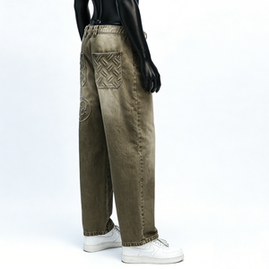 Jeans vintage rock revival pour homme de haute qualité, délavés au soleil, coupe droite, ample, jeans 3D en relief, personnalisés - Product Image 4