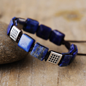 Men's Square Natural Zircon Beaded <b>Adjustable</b> <b>Bracelet</b> Lapis Lazuli Tiger's Eye Black Agate Geometric Design Gift Jewelry - Product Image 2