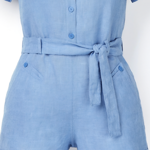 Combinaison en coton bleu pour femme, manches courtes, ceinture, boutons sur le devant, décontractée, pour l'été, vêtements de plage - Product Image 4