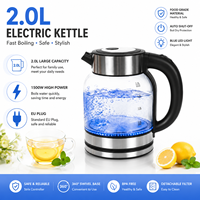 Bouilloire électrique en verre LED bleue 2,0 L 1500 W Prise UE pour thé, café et eau chaude – Vente en gros directe usine, marque privée pour la maison et la cuisine