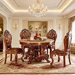Ensemble de salle à manger de style européen avec table ronde en marbre et chaises en bois massif sculpté, doté d'un plateau tournant, pour la maison et l'hôtel - Product Image 5